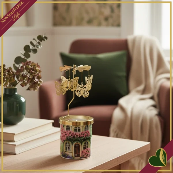 Candela Cottage verde in vetro con giostrina decorativa e profumazione Oud, altezza 13 cm