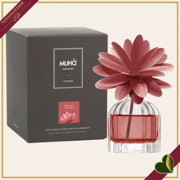 Profumatore d’ambiente in vetro con fiore in legno Arancio e Cannella, 60 ml