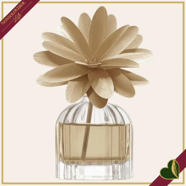 Profumatore d’ambiente in vetro con fiore in legno Vaniglia e Ambra Pura, 60 ml