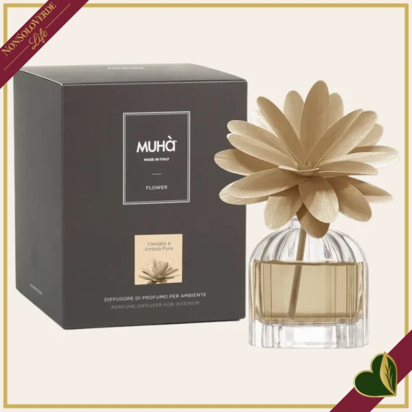 Profumatore d’ambiente in vetro con fiore in legno Vaniglia e Ambra Pura, 60 ml