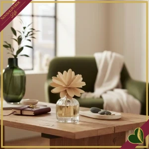 Profumatore d’ambiente in vetro con fiore in legno Vaniglia e Ambra Pura, 60 ml