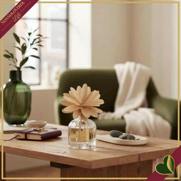 Profumatore d’ambiente in vetro con fiore in legno Vaniglia e Ambra Pura, 60 ml