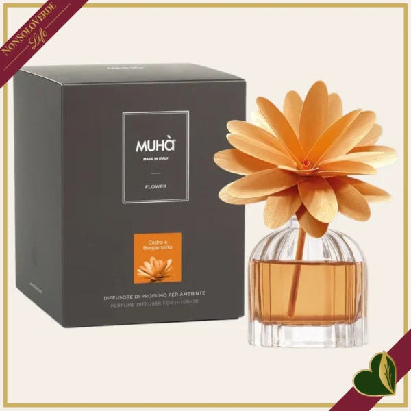 Profumatore d’ambiente in vetro con fiore in legno Cedro e Bergamotto, 60 ml