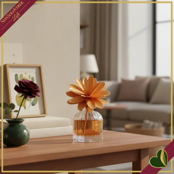 Profumatore d’ambiente in vetro con fiore in legno Cedro e Bergamotto, 60 ml