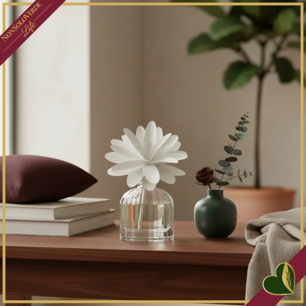 Profumatore d’ambiente in vetro con fiore in legno Iris Cipriato, 60 ml