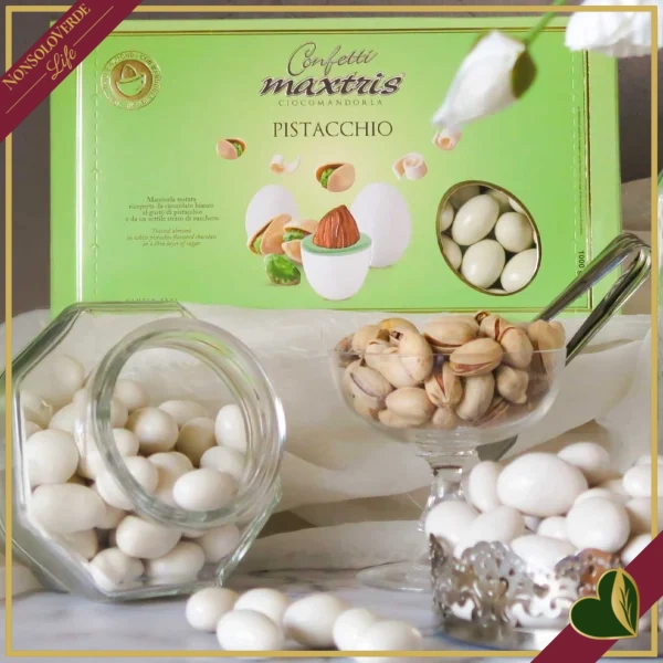 Confetti Maxtris al pistacchio, bianchi con mandorla tostata e cioccolato bianco, 1 chilogrammo
