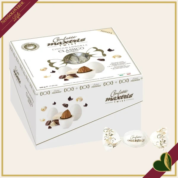 Confetti Maxtris Twist classici bianchi con mandorla tostata e doppio cioccolato, in scatola e incartati singolarmente, 500 grammi