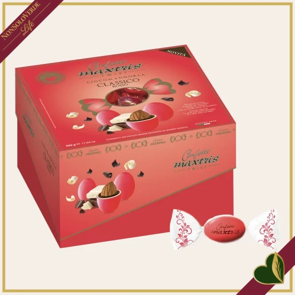 Confetti Maxtris Twist classici rossi con mandorla tostata e doppio cioccolato, in scatola e incartati singolarmente, 500 grammi