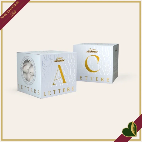 Confetti Maxtris Lettera T, bianchi con mandorla tostata, 200 grammi