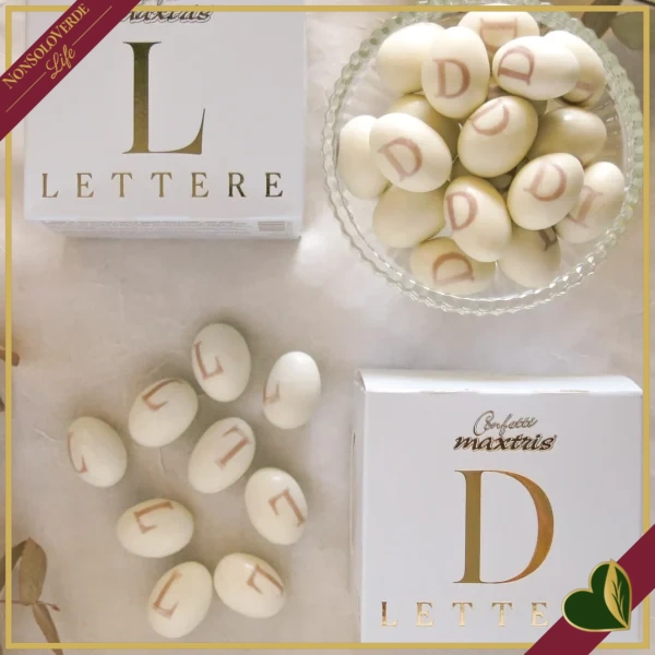 Confetti Maxtris Lettera T, bianchi con mandorla tostata, 200 grammi