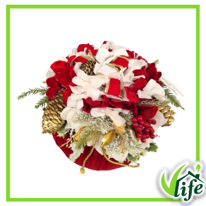 Composizione natalizia su pouf in velluto rosso con decorazioni floreali, bacche e pigne dorate diametro 24 cm