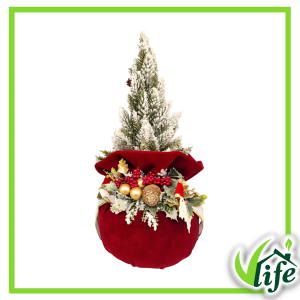 Composizione natalizia su pouf in velluto rosso con alberello innevato e decorazioni oro altezza 43 cm