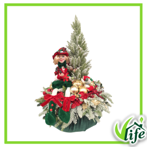 Composizione natalizia su pouf in velluto verde con elfo e paesaggio innevato altezza 66 cm