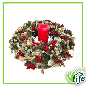 Centrotavola natalizio con bacche rosse, agrifoglio e candela diametro 46 cm