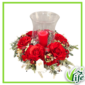 Centrotavola natalizio con 6 rose rosse e candela in flambeau grande diametro 60 cm