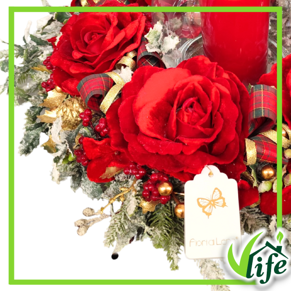 Centrotavola natalizio con 6 rose rosse e candela in flambeau grande diametro 60 cm