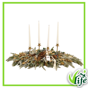 Centrotavola natalizio con candelabro a 4 candele e decorazioni oro lunghezza 100 cm