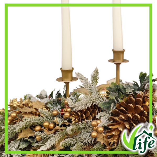 Centrotavola natalizio con candelabro a 4 candele e decorazioni oro lunghezza 100 cm