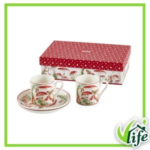 Set 2 tazzine da caffè con piattino “Fungo” in porcellana – Collezione Funghi e Gnomi