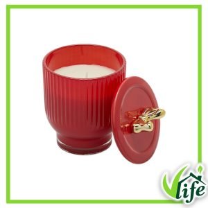 Candela Profumata in Vetro Rosso con Fiocco e Dettaglio Oro – Altezza 13 cm