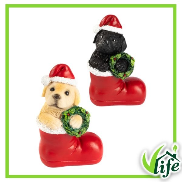 Cagnolino con Cappello Natalizio nella Calza in Resina – Altezza 12 cm, 2 modelli