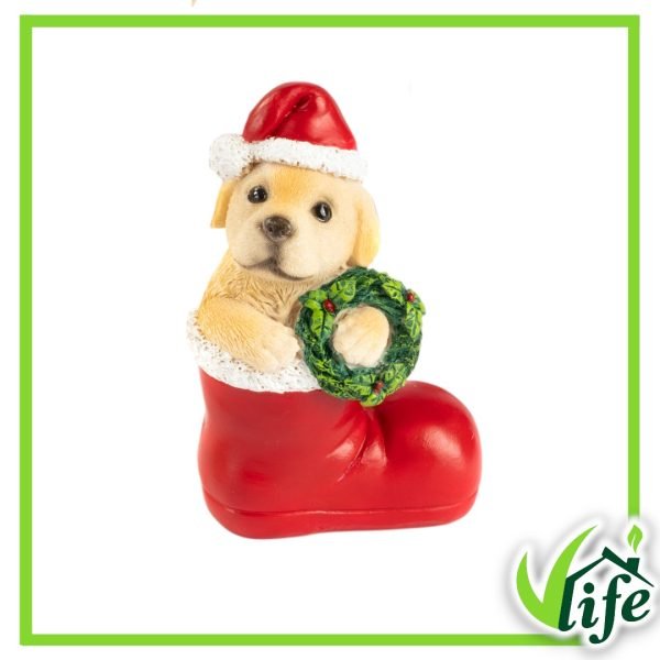Cagnolino con Cappello Natalizio nella Calza in Resina – Altezza 12 cm, 2 modelli