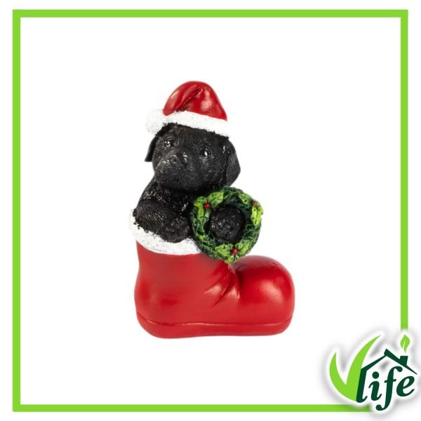 Cagnolino con Cappello Natalizio nella Calza in Resina – Altezza 12 cm, 2 modelli