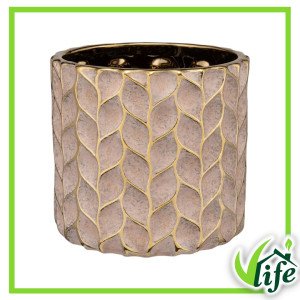 Cachepot “Treccioro” in gres rosa con rilievo intrecciato oro – Diametro 16 cm, Altezza 14,5 cm