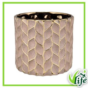 Cachepot “Treccioro” in gres rosa con rilievo intrecciato oro – Diametro 18 cm, Altezza 16,5 cm