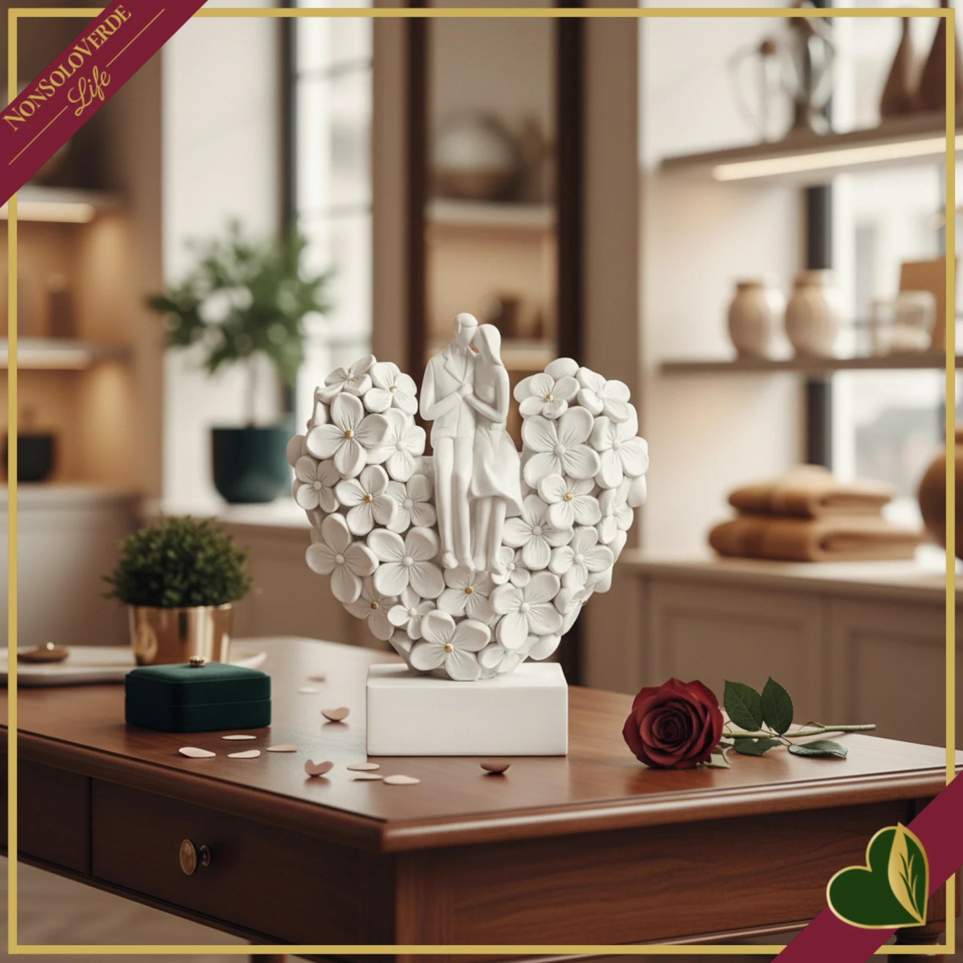 8022934209740-0 Vasetto decorativo a forma di cuore con coppia di innamorati e fiori in resina, altezza 16,2 cm