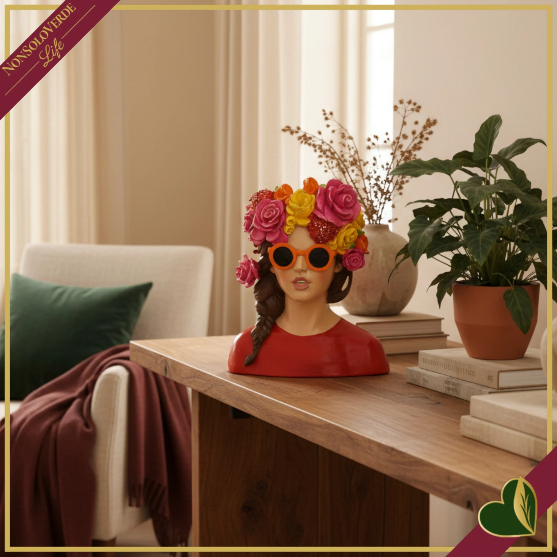 8022934211545-0 Ragazza mezzobusto con fiori tra i capelli in resina, altezza 21 cm