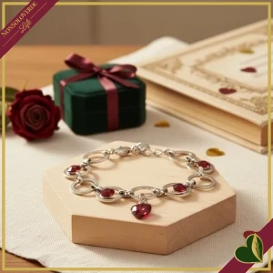 Bracciale “Platone” con cerchi in rodio anallergico e cristalli rossi effetto degradé con charm a cuore