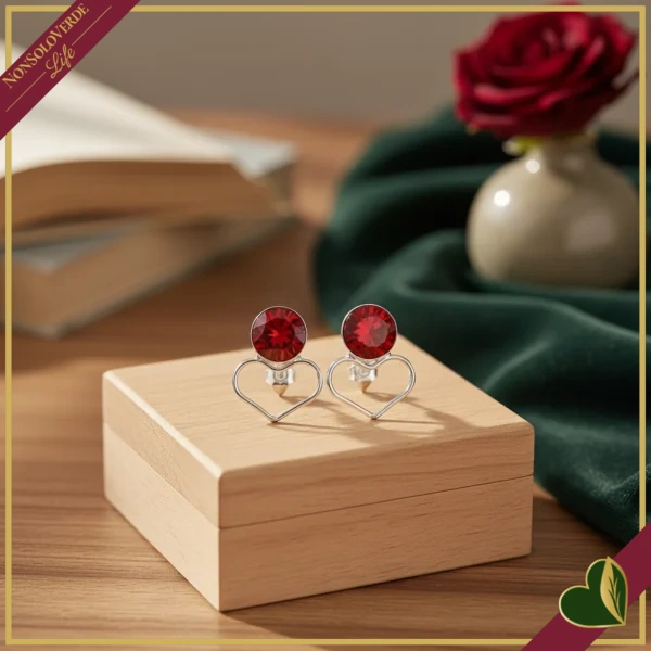 Orecchini punto luce “Heart St” con cuore in filo e cristallo rosso