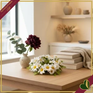 Corona di margherite artificiali bianche con foglie, diametro 22 cm