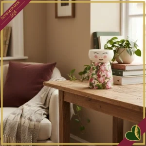 8051886869610-0 Vaso Flora in ceramica con vestito floreale rosa, altezza 21 cm