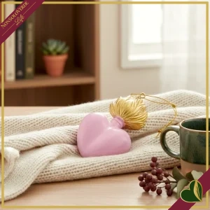 Ex voto cuore bombato pendente in resina rosa con fiamma oro, altezza 9 cm