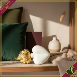 Ex voto cuore bombato pendente in resina bianco latte con fiamma oro, altezza 9 cm