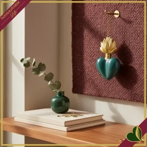 Ex voto cuore bombato pendente in resina verde con fiamma oro, altezza 9 cm