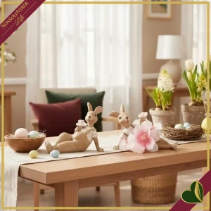 Coniglietto sdraiato decorativo in resina con fiori, altezza 6,3 cm
