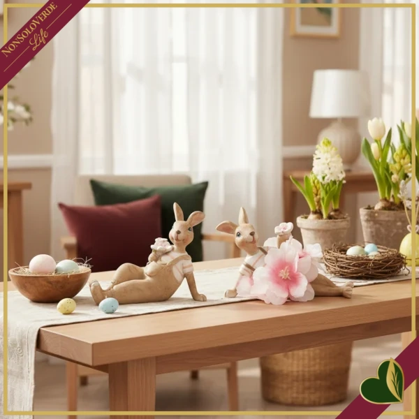 Coniglietto sdraiato decorativo in resina con fiori, altezza 6,3 cm