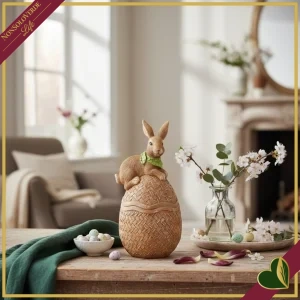 Scatola a forma di uovo in resina con coniglietto decorativo, altezza 19,5 cm