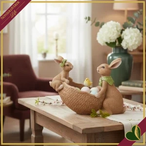 Uovo contenitore decorativo in resina con due coniglietti, altezza 18 cm