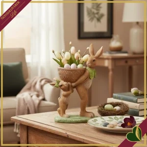 Due conigli decorativi in resina con cestino, altezza 25 cm