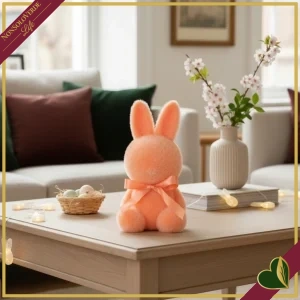 Coniglio floccato pesca decorativo con fiocco in raso, altezza 40 cm