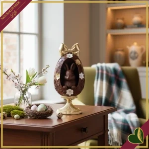 8058196013214-0 Alzatina decorativa con uovo marrone cioccolato e oro in resina, altezza 26 cm