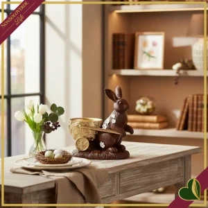 Coniglietto decorativo marrone cioccolato e oro con cesto su carrellino, altezza 18 cm