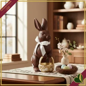Coniglietto decorativo marrone cioccolato e oro con cestino in resina, altezza 33 cm