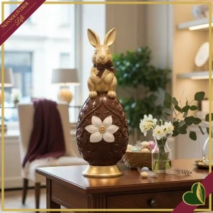 Uovo decorativo con coniglietto marrone cioccolato e oro in resina, altezza 61 cm