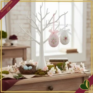 Uovo decorativo bianco e rosa da appendere con fiocco e rosa in rilievo, altezza 9 cm