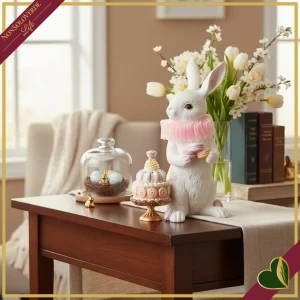8058196015072-0 Coniglio decorativo in resina con torta e macarons, altezza 39,5 cm